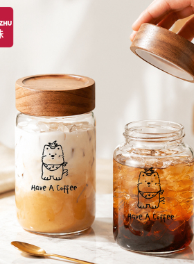高颜值木盖咖啡杯便携式高硼硅玻璃杯女生耐高温带盖密封严实外带
