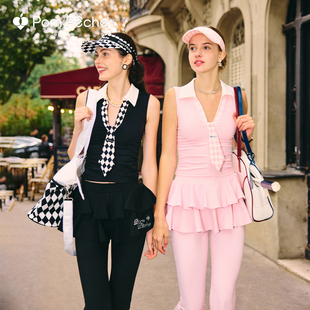 领带运动背心女带胸垫撞色翻领日常外穿瑜伽健身网球上衣PomPeche