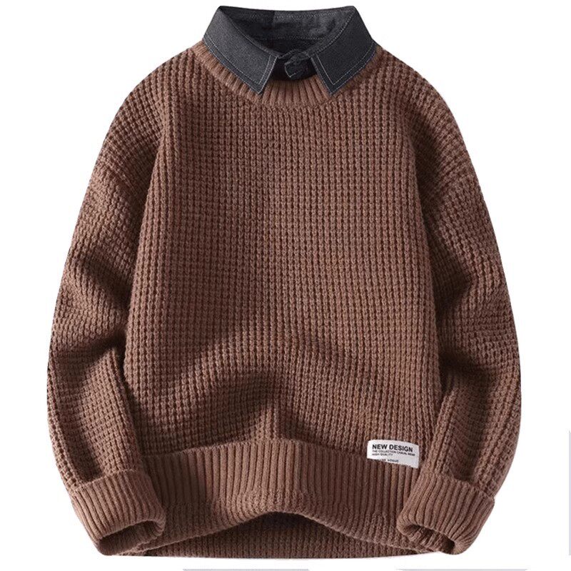 2025新款日系潮牌假两件毛衣男士秋冬加厚高级感衬衫领内搭针织衫