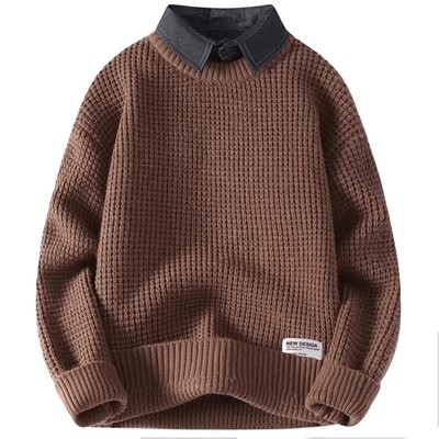 2025新款日系潮牌假两件毛衣男士秋冬加厚高级感衬衫领内搭针织衫