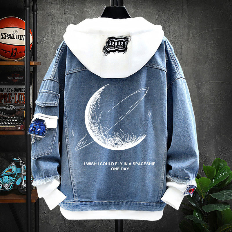 仓树一石春秋季新款连帽月亮牛仔外套男潮牌青少年宽松假两件卫衣