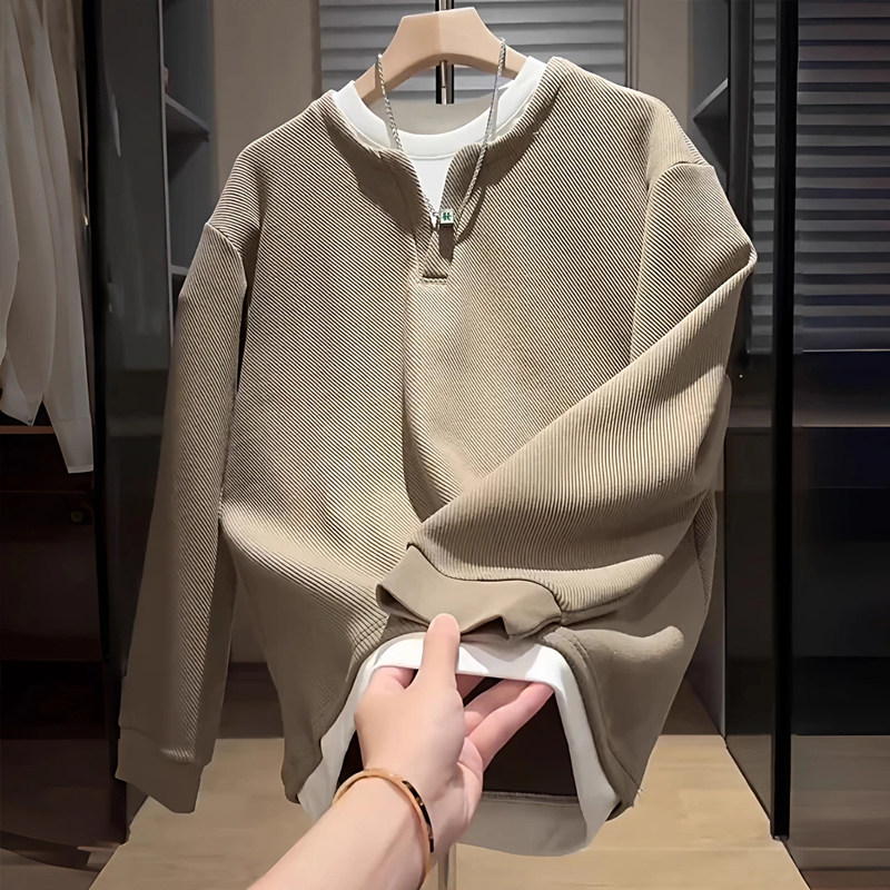 仓树一石潮牌假两件卫衣男士秋冬新款宽松高级感加绒圆领长袖外套