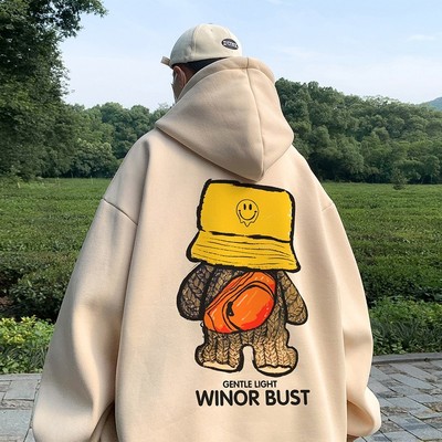 仓树一石潮牌新款美式小熊连帽卫衣男士加绒加厚纯棉重磅情侣上衣