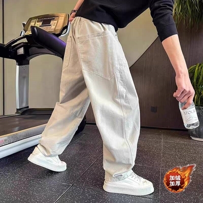 仓树一石秋冬弯刀牛仔裤潮流阔腿男裤2025新款加绒设计感宽松裤子