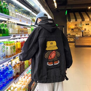 仓树一石潮牌美式复古牛仔外套男秋冬高级感痞帅可拆卸帽夹克上衣