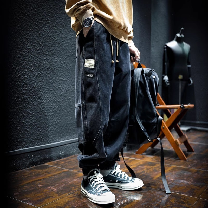 仓树一石美式复古工装牛仔裤男秋冬季潮牌束脚裤宽松百搭直筒长裤