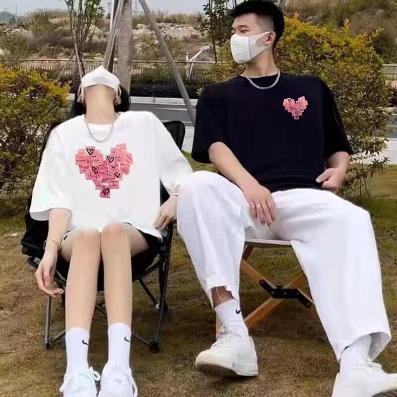 潮流简约爱心短袖T恤男2025夏季新款不一样情侣装半袖女