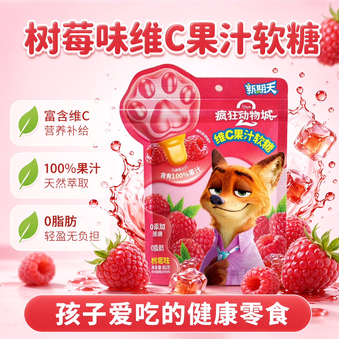 新期天疯狂动物城糖果奖励学生零食树莓味维C果汁软糖mini棒棒糖