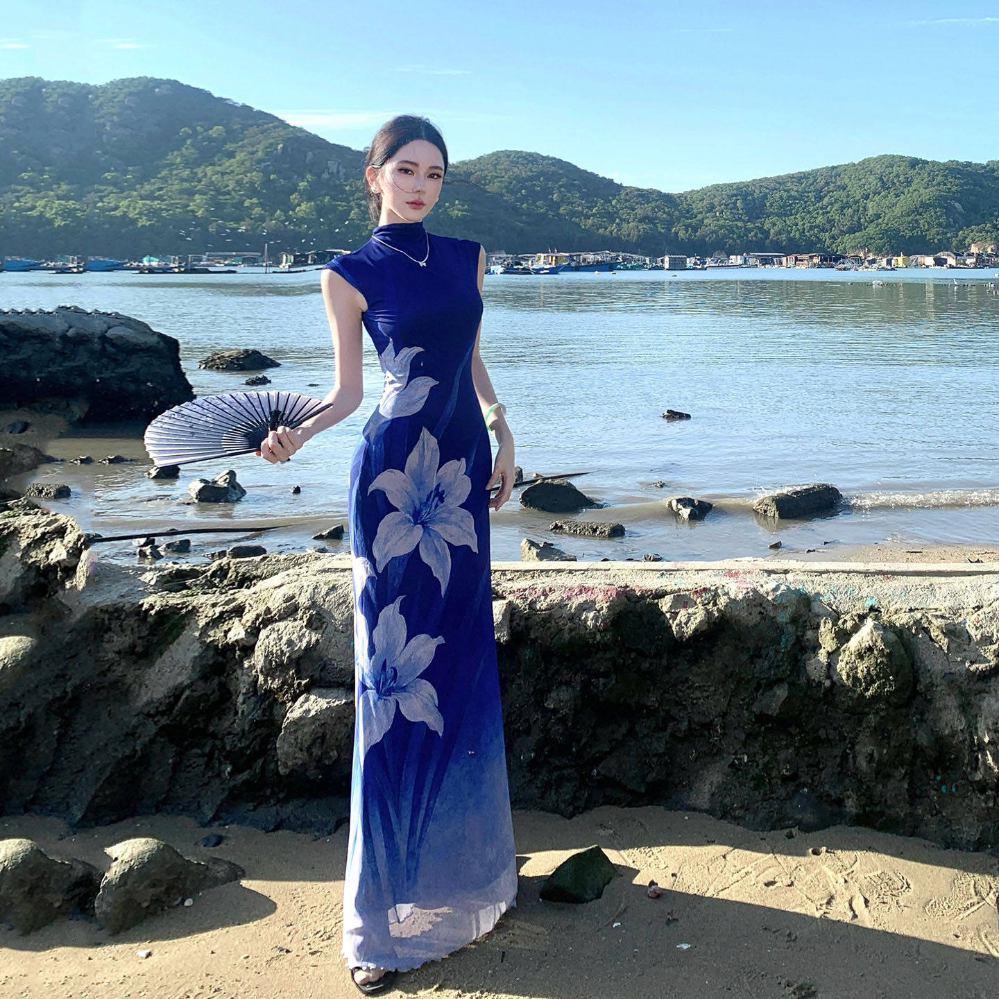 海岛绝美沙滩长裙到脚踝超长款修身印花海边度假洋装气质高级感