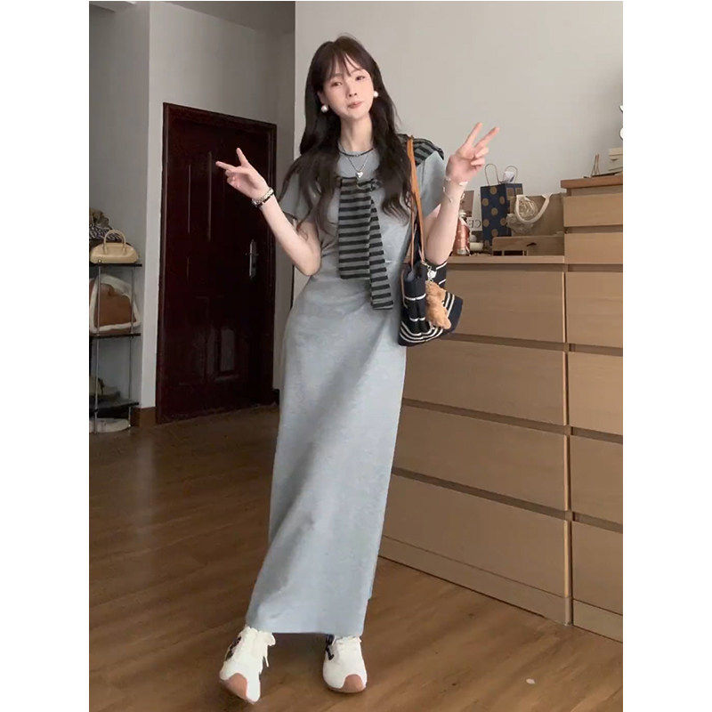 韩版设计感灰色披肩短袖洋装女2026夏季法式显瘦收腰a字T恤长裙