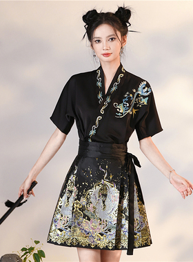 黑色短款织金马面裙日常通勤春夏少女小个子新中式国风半身裙套装