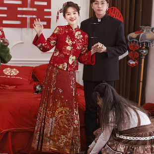 红色马面裙婚服订婚礼服结婚汉服套装 拜年新娘敬酒服小个子冬 中式