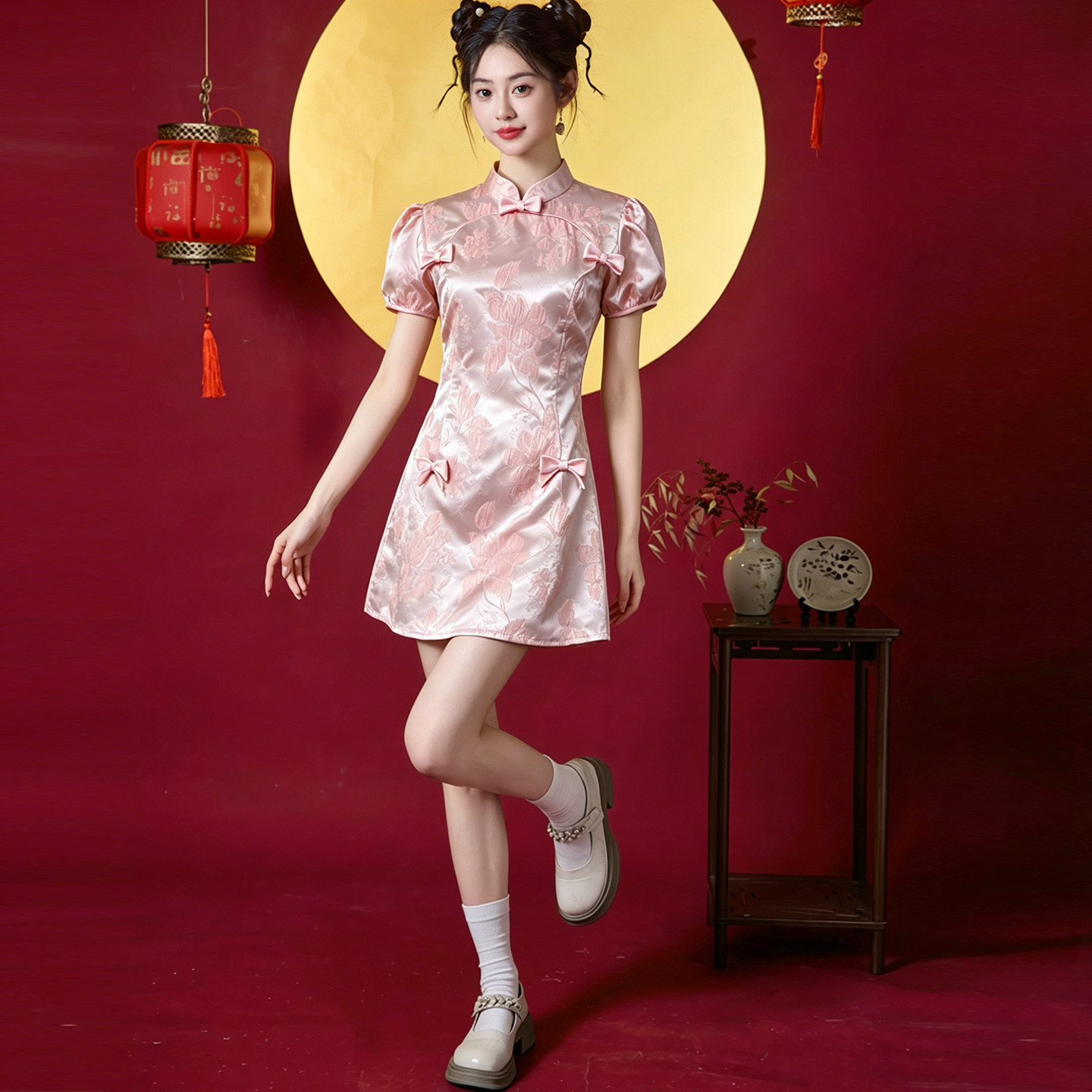 粉色旗袍2026新款夏季小个子短款改良年轻款少女新中式订婚礼服裙
