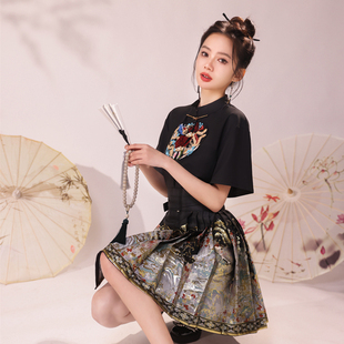 新中式日常短款马面裙上衣套装女2024夏季小个子织金织锦缎汉元素