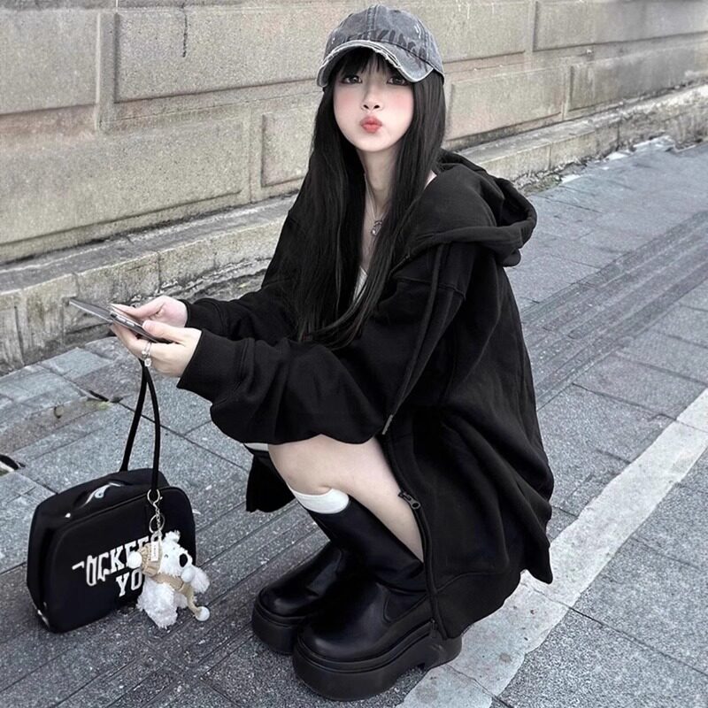 NextLori黑色连帽卫衣外套女早春薄款2025新款开衫加绒宽松秋冬季