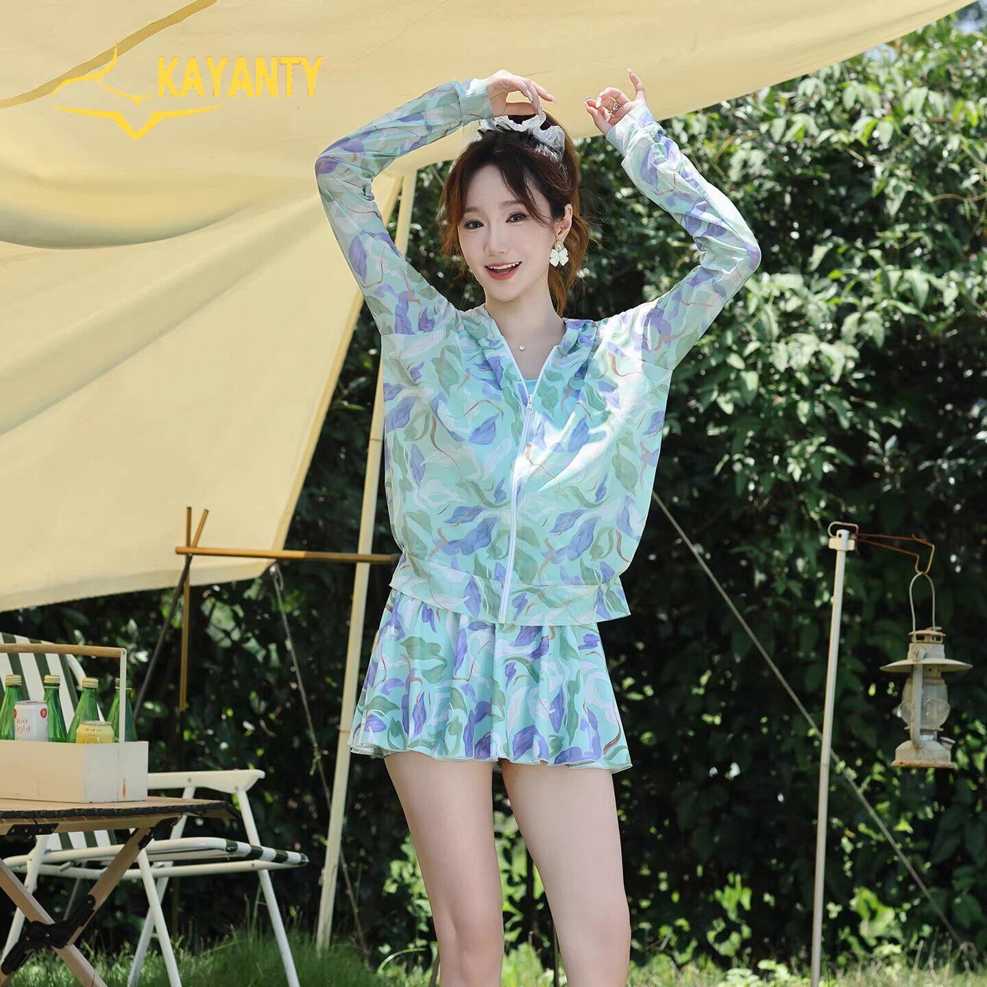 维多利亞度假风防晒罩衫碎花三件套泳衣女沙滩连帽长袖泡温泉泳装