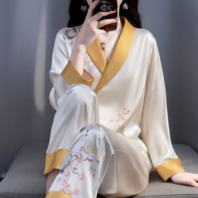 维多利亞的宣言新中式V领睡衣女冰丝印花长袖套装可外穿家居服