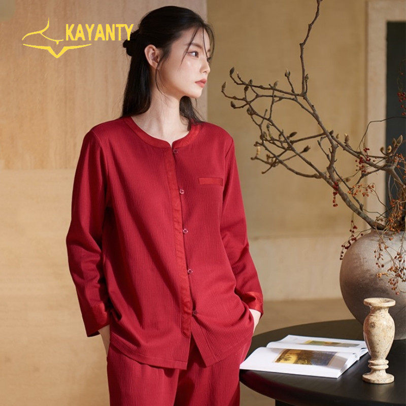 维多利亞本命年红色长袖睡衣女纯棉新年喜庆结婚大码春秋季家居服