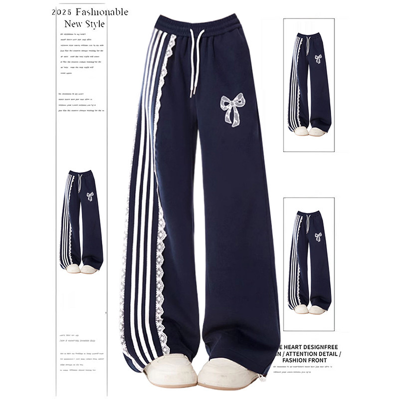 MDCW米兰风美式蕾丝拼接藏青色运动卫裤女春秋新款直筒阔腿休闲裤