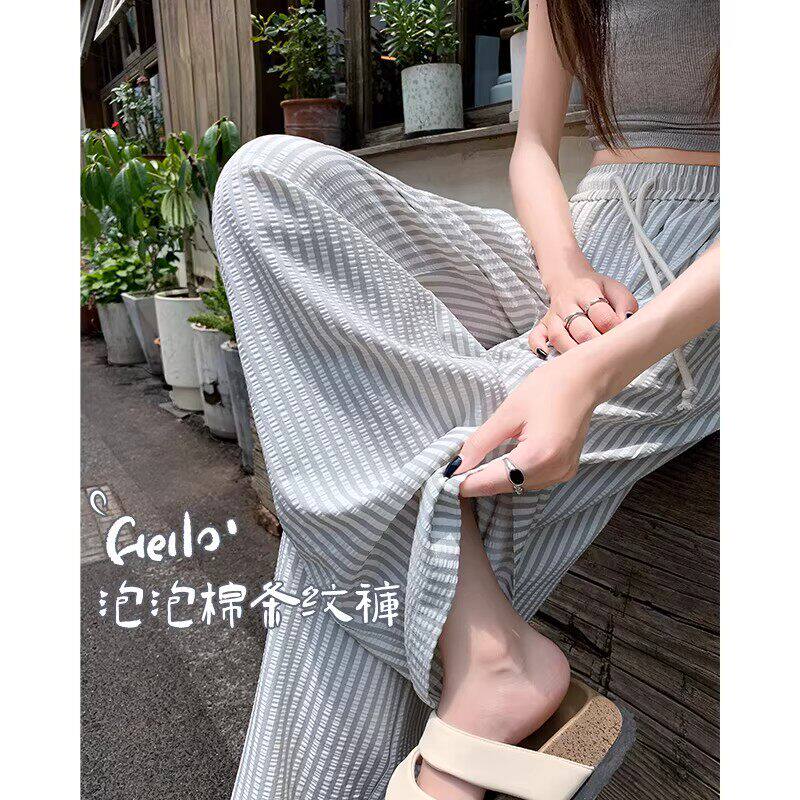 韩国Uamtor条纹阔腿裤女春夏季高腰泡泡棉直筒竖条纹休闲凉凉裤子