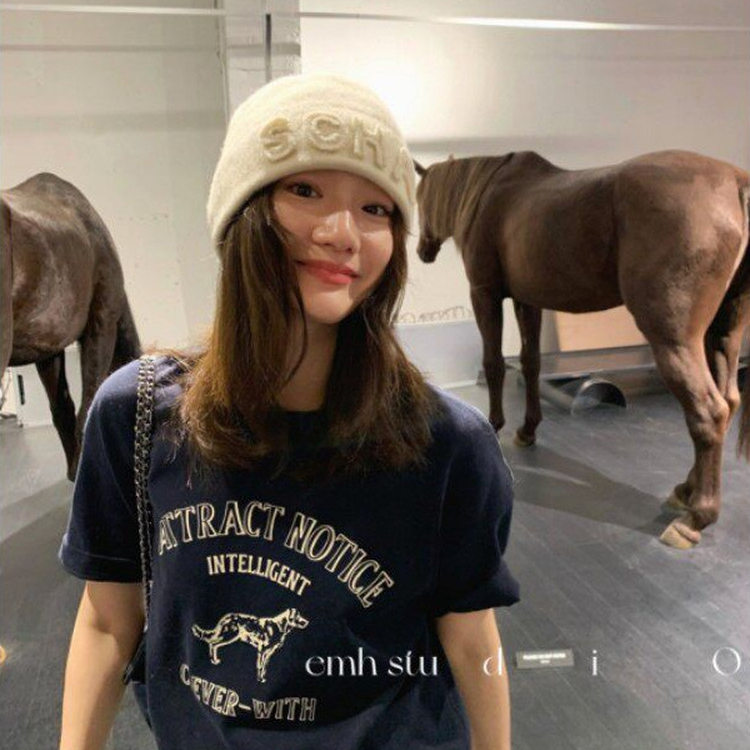 法国MDCW 藏蓝色印花正肩短袖t恤女夏季复古宽松半袖纯棉小众上衣