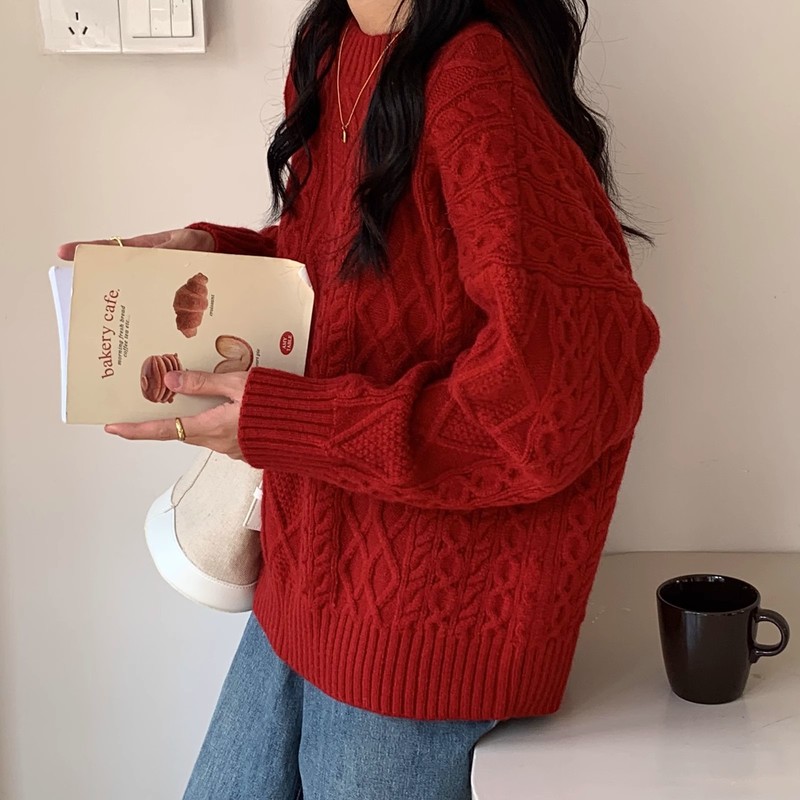 法国GUA3 THREE新年红色毛衣女秋冬季外穿宽松复古麻花套头针织衫