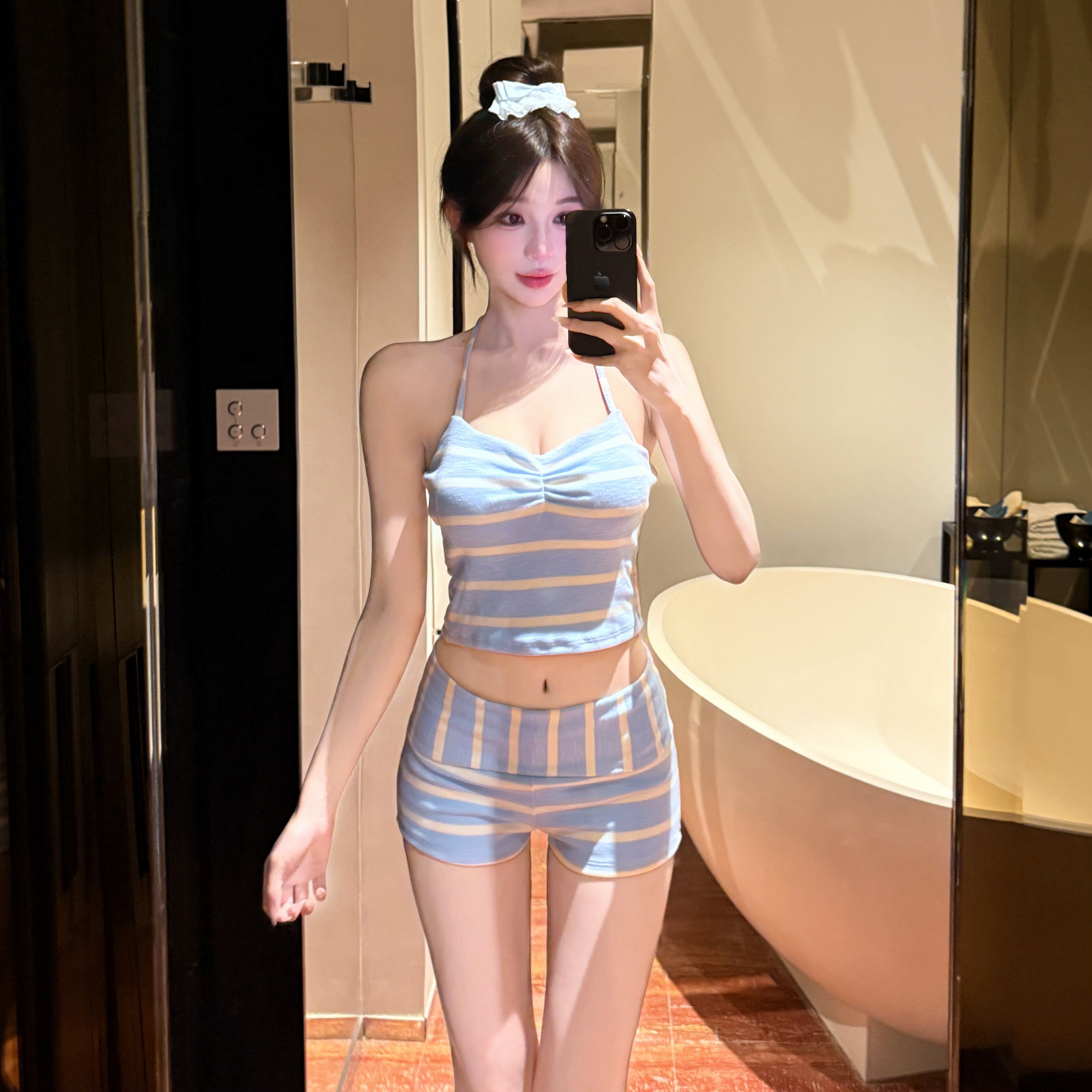 米兰风MDCW绝美条纹分体比基尼小胸聚拢遮肉保守甜美度假泳衣女夏