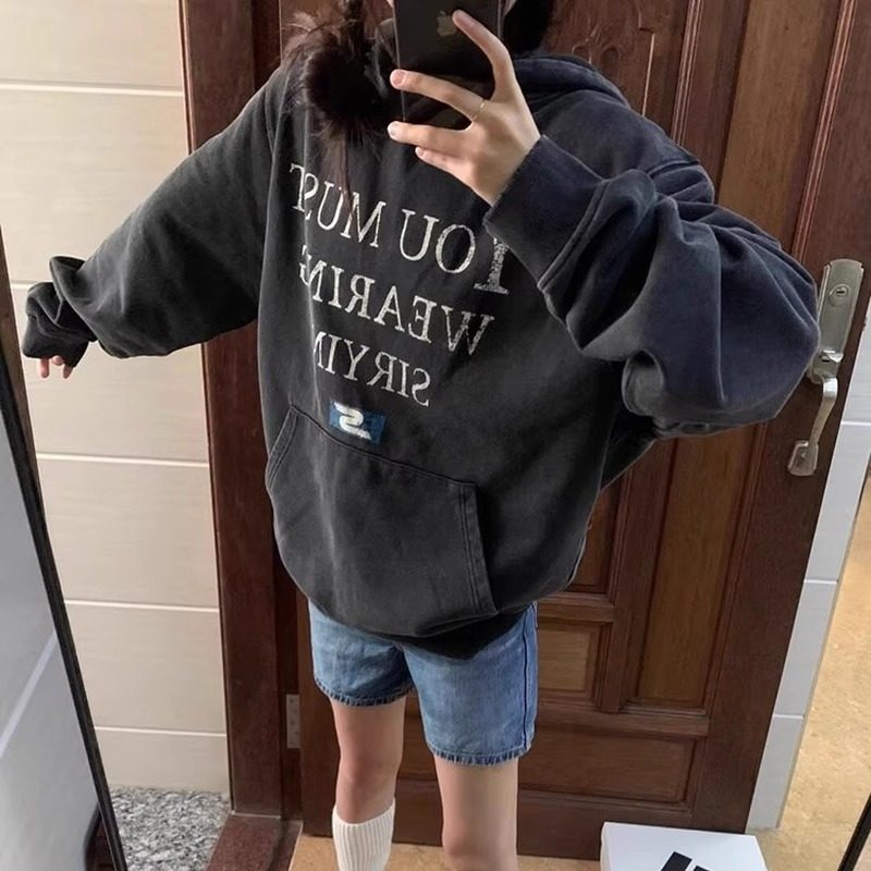 英国DHWA美式字母印花连帽卫衣外套女款春秋2025新款加绒加厚上衣