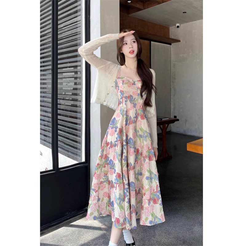 英国DGKP春夏季绝美碎花吊带长裙气质高级感收腰显瘦连衣裙套装女