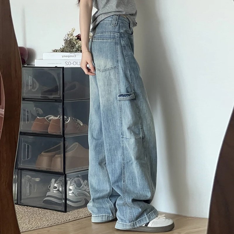米兰风mdcw浅色阔腿工装牛仔裤女春秋新款高腰宽松直筒弯刀裤