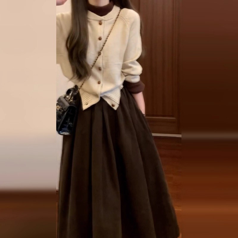英国DGKP日系慵懒风穿搭一整套连衣裙子女秋冬季针织内搭套装长裙