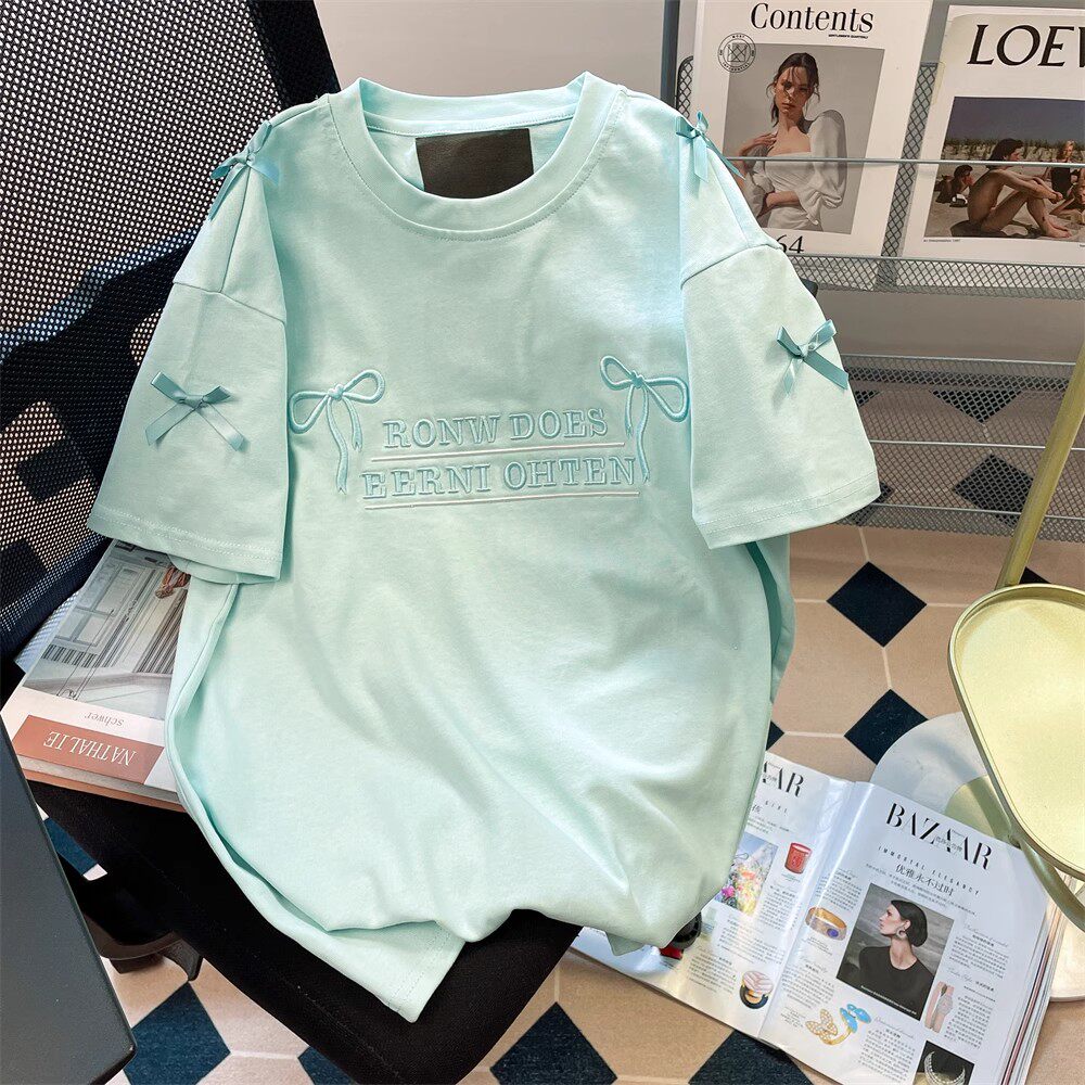 英国DGKP薄荷绿甜美蝴蝶结刺绣T恤女夏季宽松韩版慵懒风短袖上衣