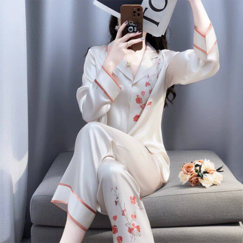 维多利亞的宣言复古印花睡衣女春季衬衫领长袖长裤可外穿家居服