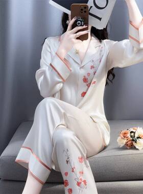 维多利亞的宣言复古印花睡衣女春季衬衫领长袖长裤可外穿家居服