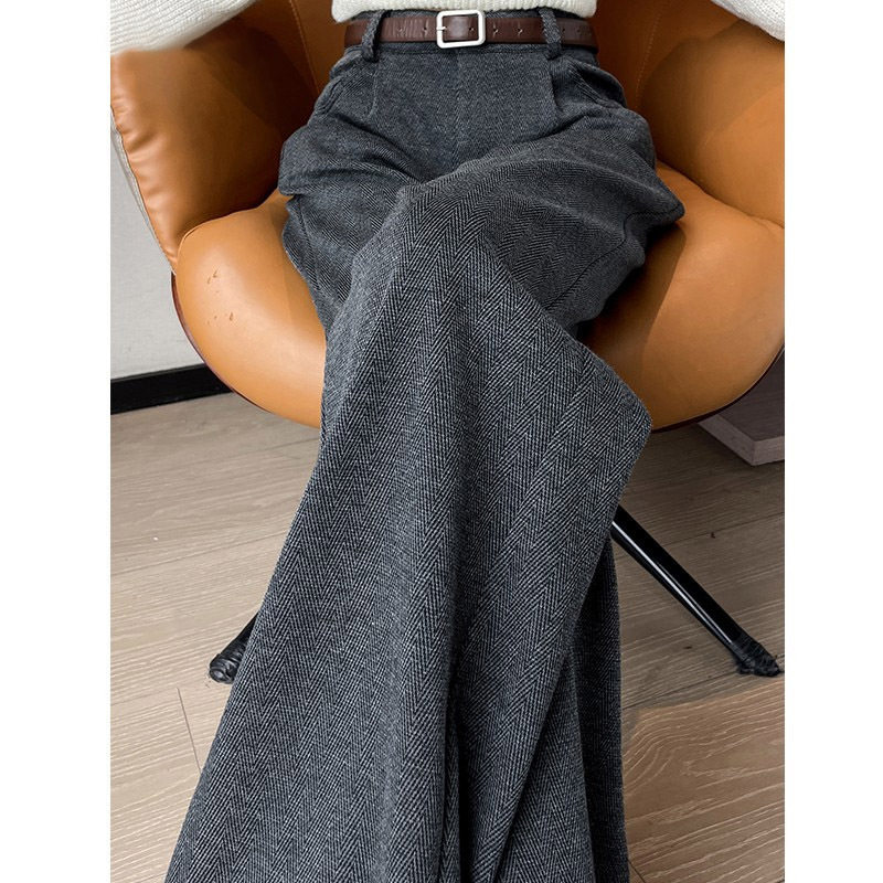 米兰风MDCW人字纹高级感灰色西装裤女秋冬高腰垂感毛呢加绒阔腿裤