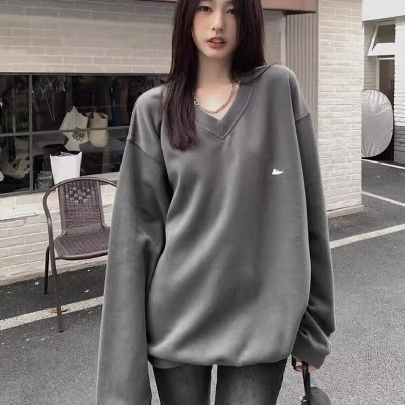 英国DHWA美式复古V领卫衣外套女春秋新款宽松无帽套头慵懒风上衣