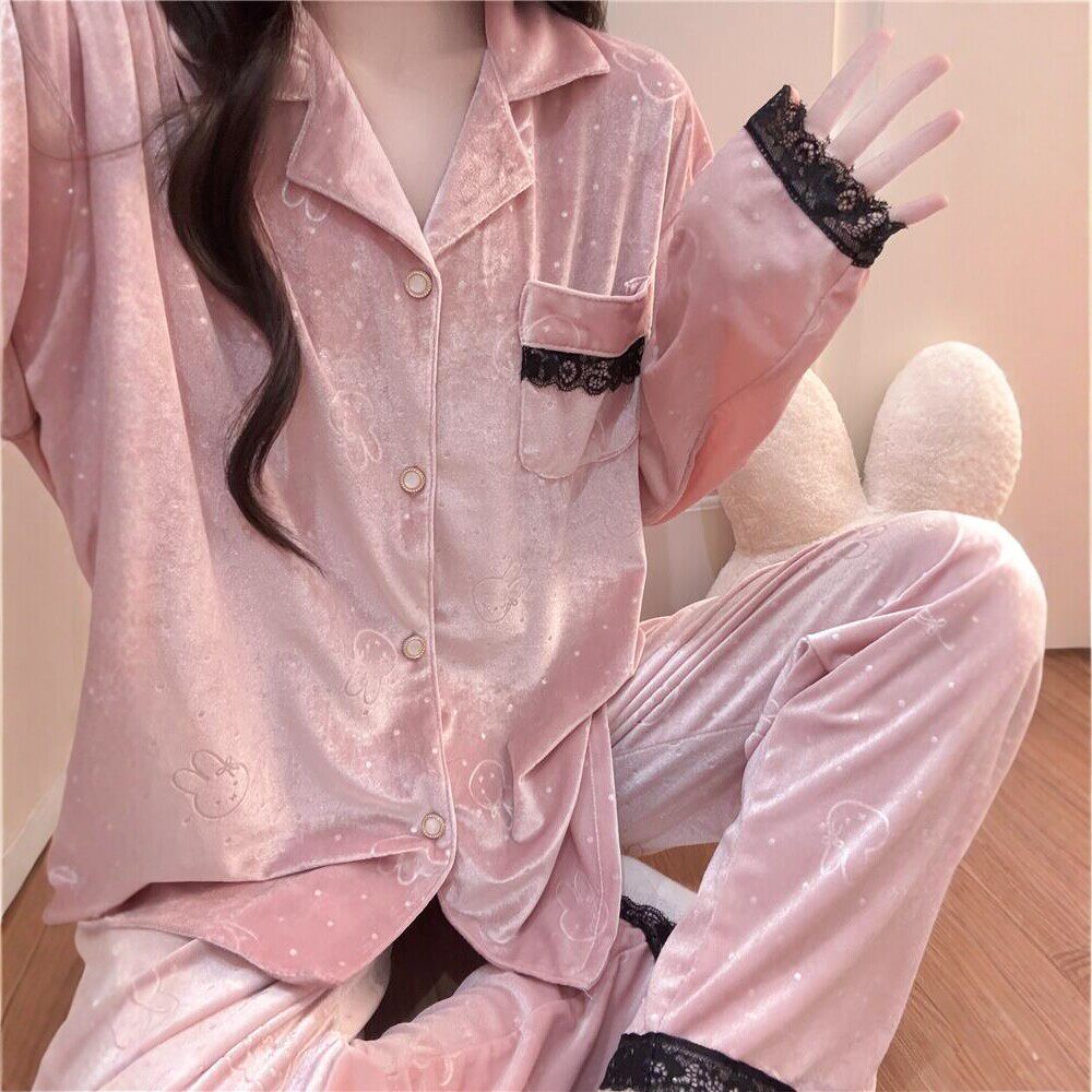 维多利亞新款金丝绒长袖睡衣女士2026秋季保暖蕾丝花边家居服套装