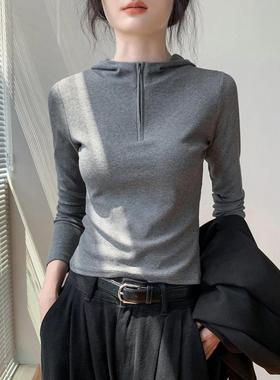 Native Road韩版灰色半开领拉链针织打底衫2025秋冬季新款修身T恤