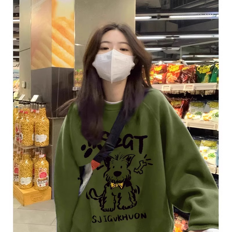 英国DHWA美式趣味小狗无帽卫衣女2025秋冬新款宽松加绒慵懒风上衣