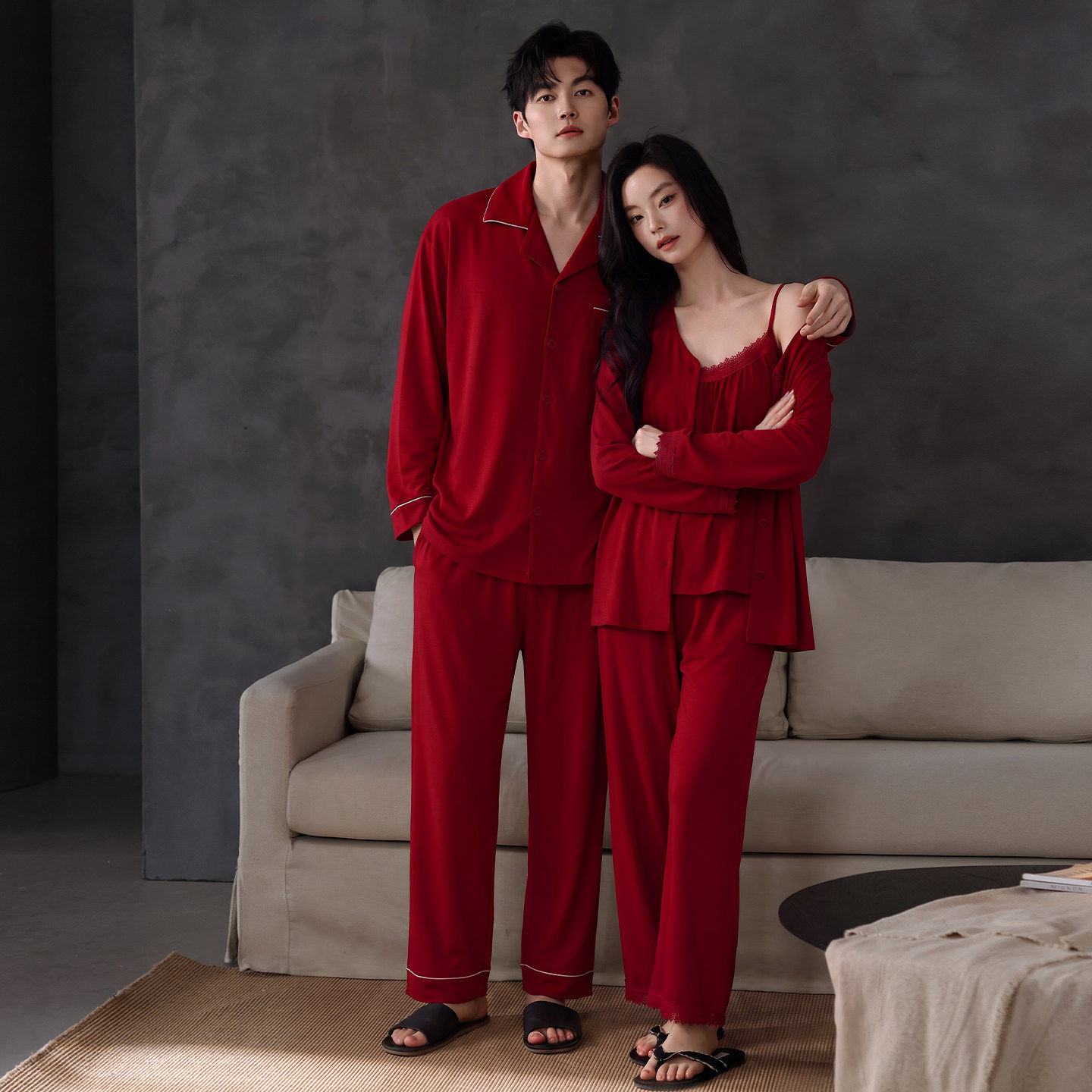 维多利亞纯棉红色情侣睡衣女三件套吊带胸垫长袖大码新婚结婚套装