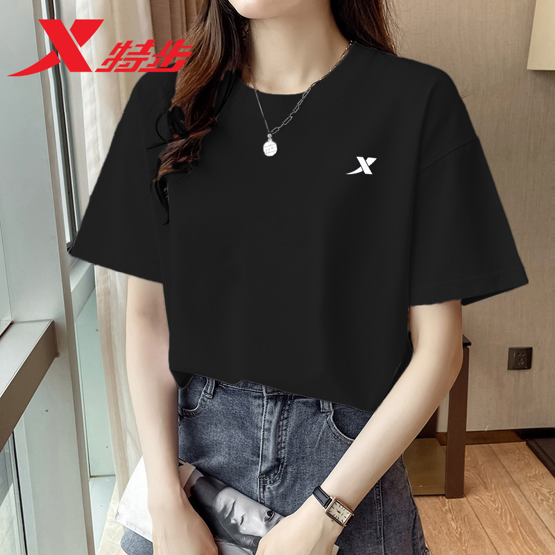特步短袖t恤女2025夏季圆领薄款透气休闲服显瘦运动上衣半袖女装