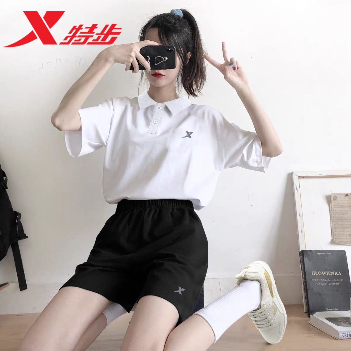 特步polo短袖运动套装速干女