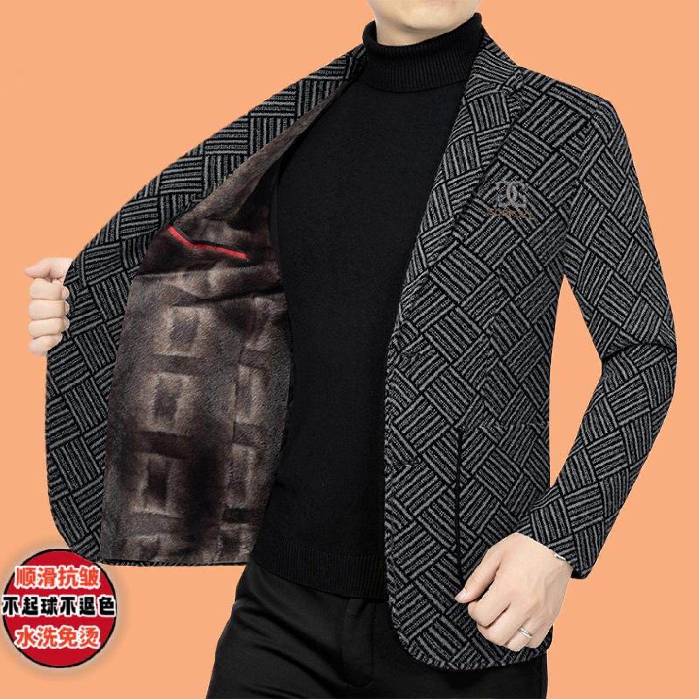 加绒男士爸爸高档男西服休闲外套中年冬季西装加厚秋2025商务