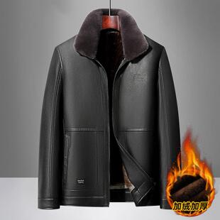 保暖2025中皮衣加绒皮茄克新款闲休加厚年男爸爸秋冬季外套时尚
