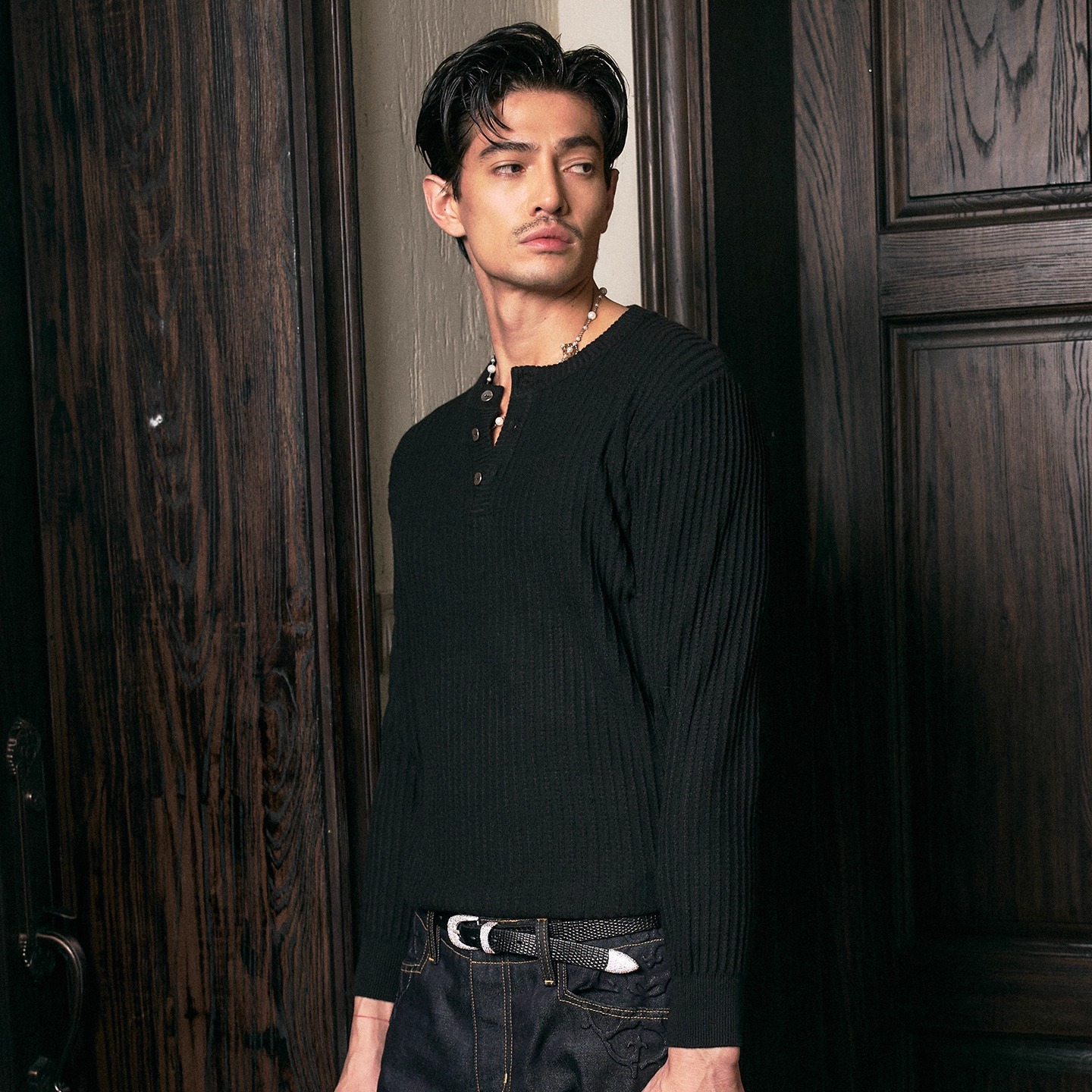 GLACIERBOY|老钱静奢感亨利领纯银定制扣抽条针织衫男士打底