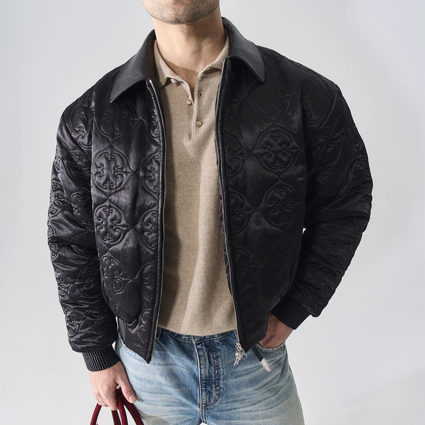 静奢压花绗缝内里皮草棉服外套