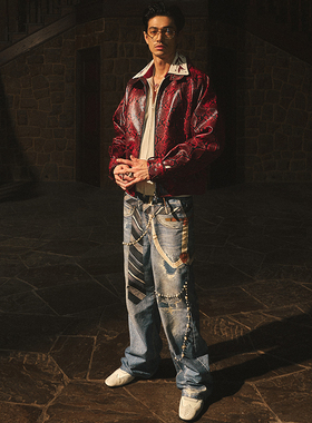 EGLB 丨 定制暗红蟒蛇压纹牛皮立领哈灵顿夹克皮衣