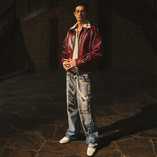 EGLB 丨 定制暗红蟒蛇压纹牛皮立领哈灵顿夹克皮衣