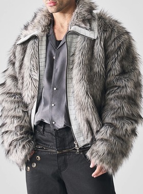GLACIERBOY|鳄鱼压纹渐变长毛皮草真皮拼皮银灰狼毛廓形毛毛外套