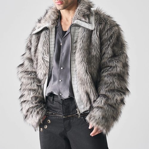 银灰渐变鳄鱼纹狼毛短款皮草外套